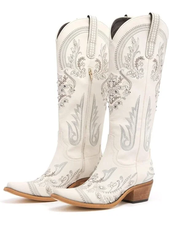 Women's Cream Embroidered Knee High Cowgirl Boots Pointed Toe Chunky Heel - Picture 6 of 7
